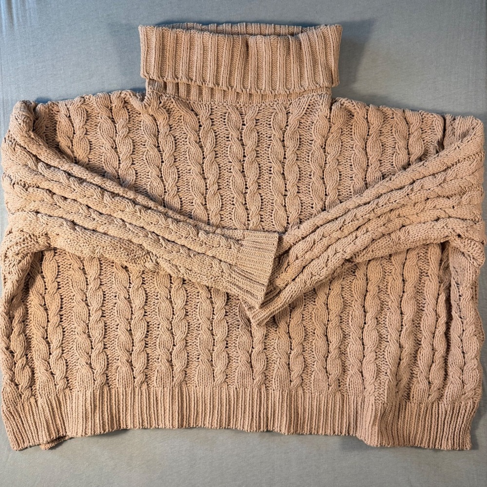POL Chenille anthro Knit Turtleneck Sweater Tan Oversized Boho FST432 womens S
